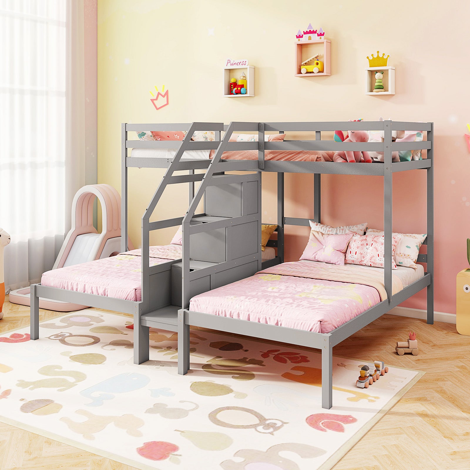 Twin Over Twin Bunk Bed With Storage Staircase, Guardrail, Gray Bunk Bed Frame at Gallery Canada