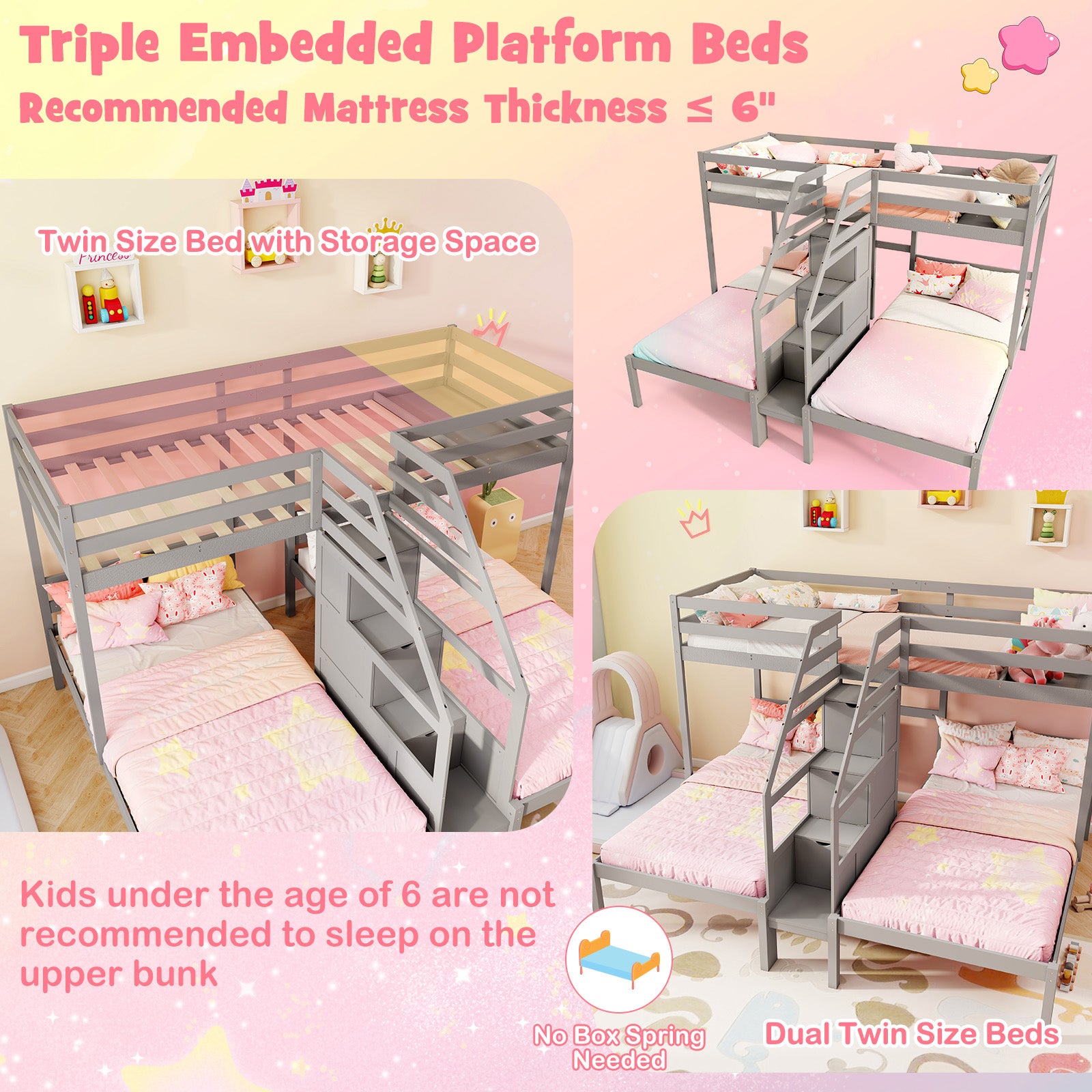 Twin Over Twin Bunk Bed With Storage Staircase, Guardrail, Gray Bunk Bed Frame at Gallery Canada