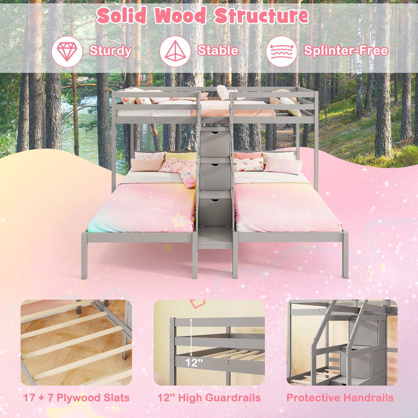 Twin Over Twin Bunk Bed With Storage Staircase, Guardrail, Gray Bunk Bed Frame at Gallery Canada