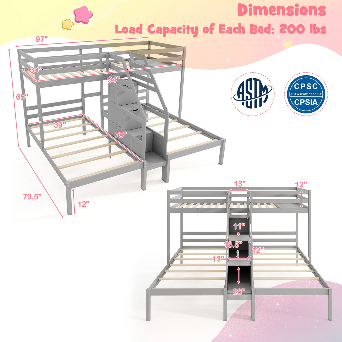 Twin Over Twin Bunk Bed With Storage Staircase, Guardrail, Gray Bunk Bed Frame at Gallery Canada