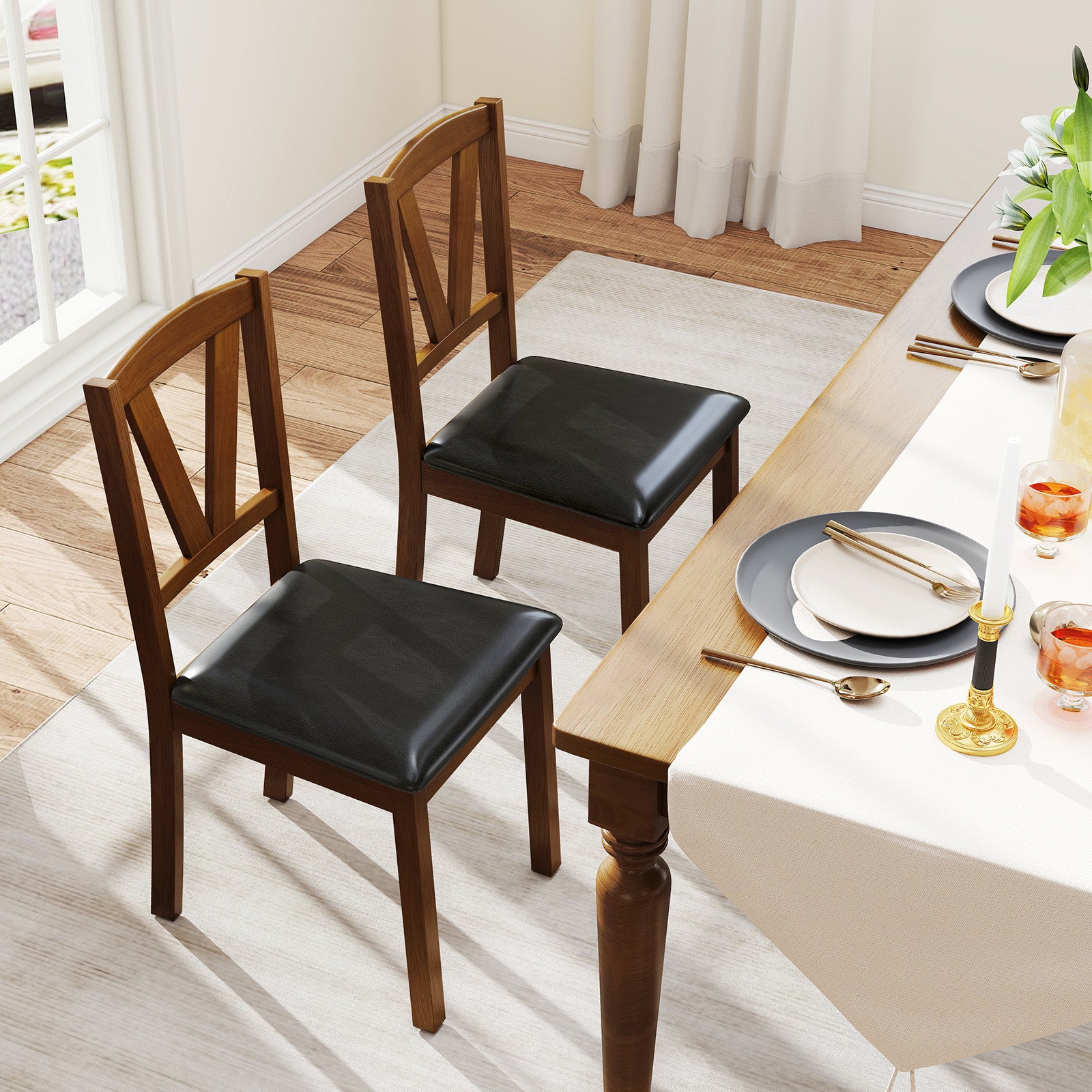 Wooden Dining Chair Set, 2 PU Leather Upholstered, Rubber Wood Frame, Brown Dining Chairs at Gallery Canada