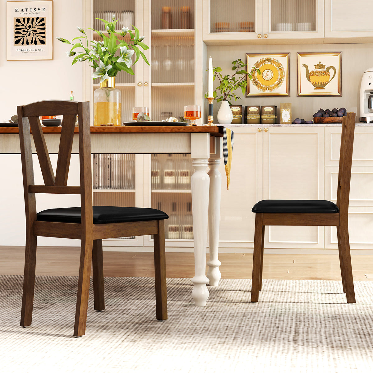 Wooden Dining Chair Set, 2 PU Leather Upholstered, Rubber Wood Frame, Brown Dining Chairs at Gallery Canada