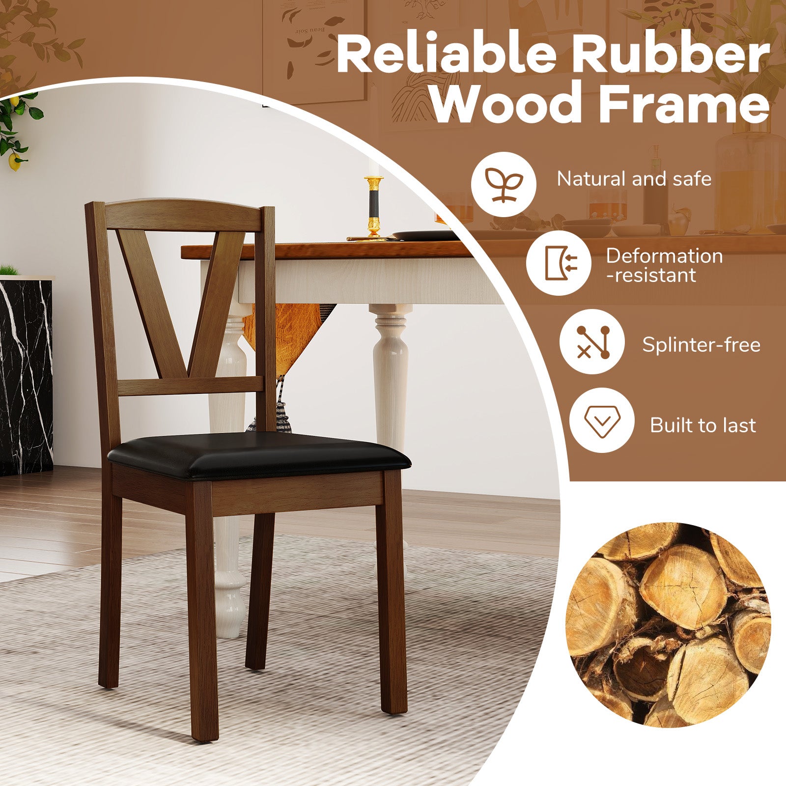 Wooden Dining Chair Set, 2 PU Leather Upholstered, Rubber Wood Frame, Brown Dining Chairs at Gallery Canada