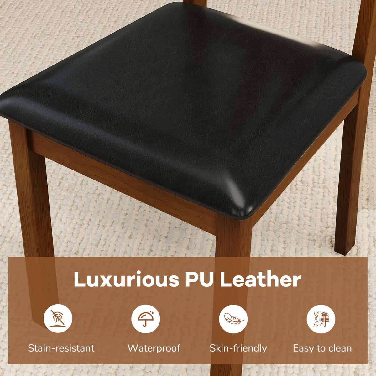Wooden Dining Chair Set, 2 PU Leather Upholstered, Rubber Wood Frame, Brown Dining Chairs at Gallery Canada