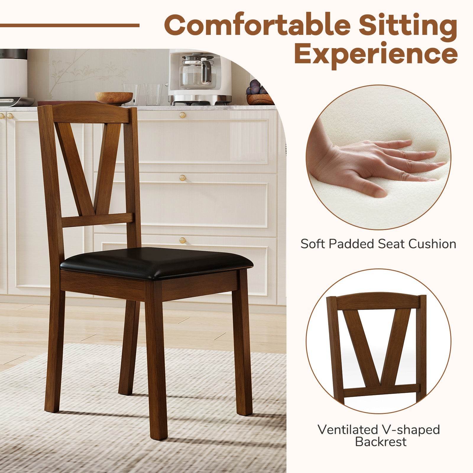 Wooden Dining Chair Set, 2 PU Leather Upholstered, Rubber Wood Frame, Brown Dining Chairs at Gallery Canada