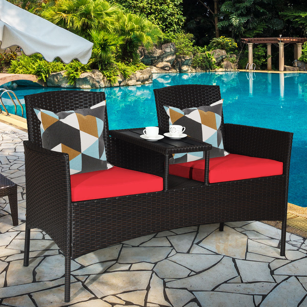 Wicker Patio Conversation Set, Removable Cushions, Table, Red Patio Conversation Sets at Gallery Canada