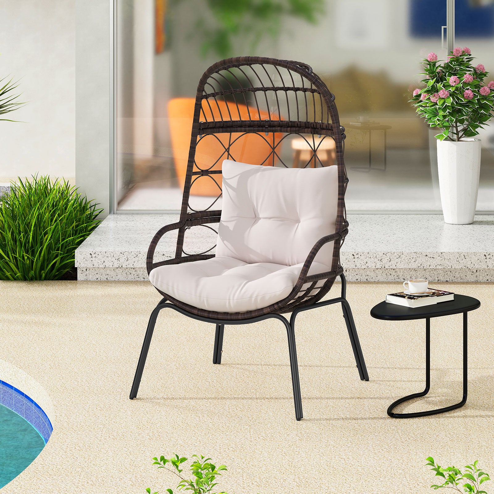 Patio Wicker Egg Chair, Rattan Lounge Basket With Cushions, Brown Outdoor Chaise Lounges at Gallery Canada