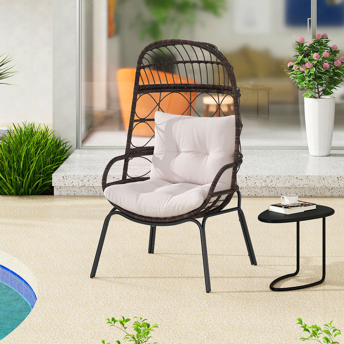 Patio Wicker Egg Chair, Rattan Lounge Basket With Cushions, Brown Outdoor Chaise Lounges at Gallery Canada