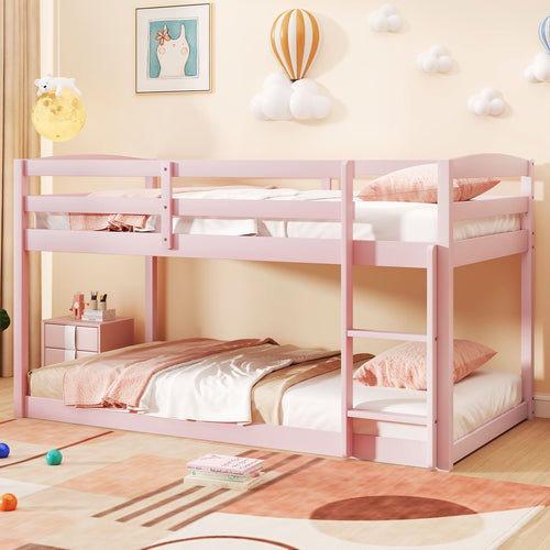 Twin Size Bunk Bed, High Guardrails, Integrated Ladder, Pink