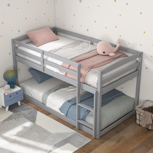 Twin Size Bunk Bed, High Guardrails, Integrated Ladder, Gray