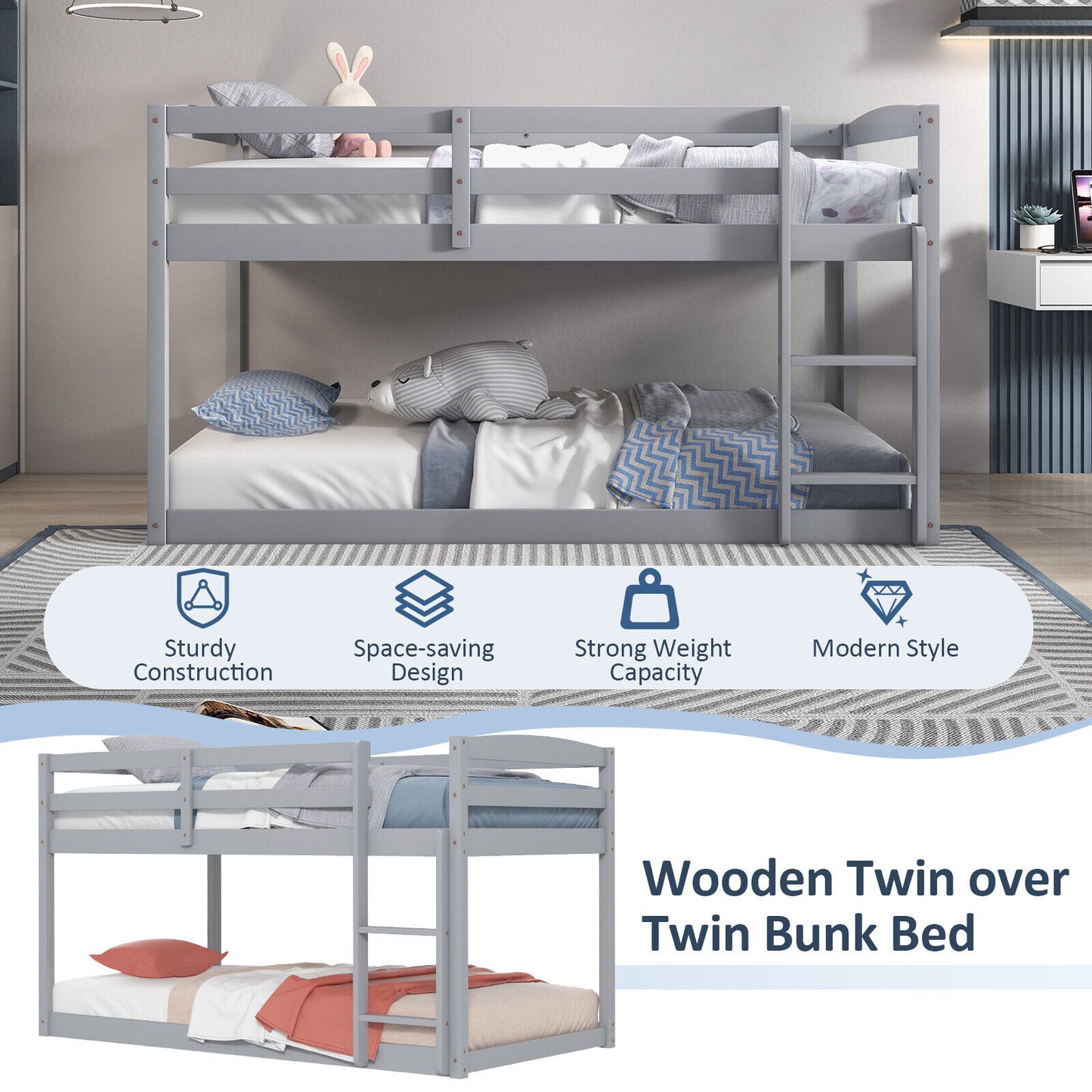 Twin Size Bunk Bed, High Guardrails, Integrated Ladder, Gray Bunk Bed Frame at Gallery Canada