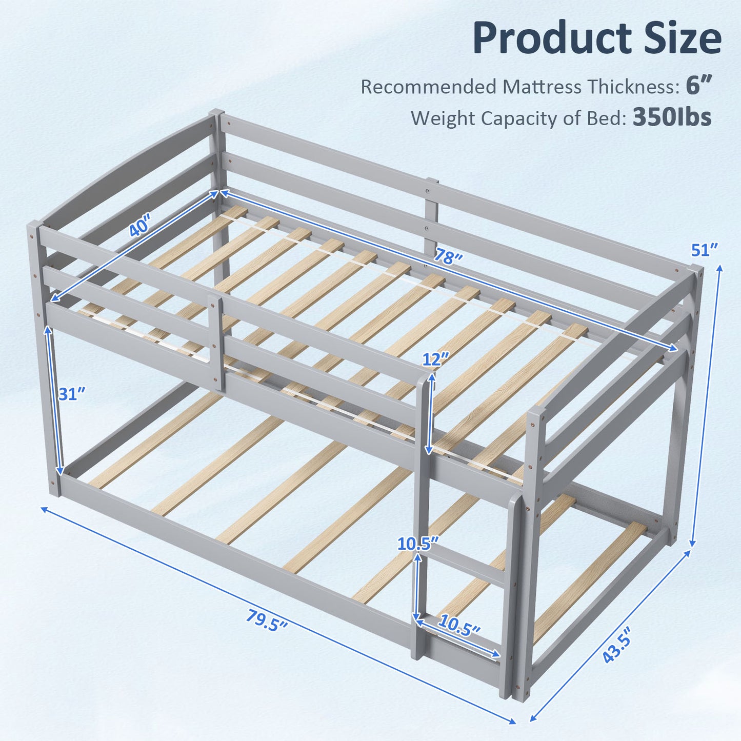 Twin Size Bunk Bed, High Guardrails, Integrated Ladder, Gray Bunk Bed Frame at Gallery Canada