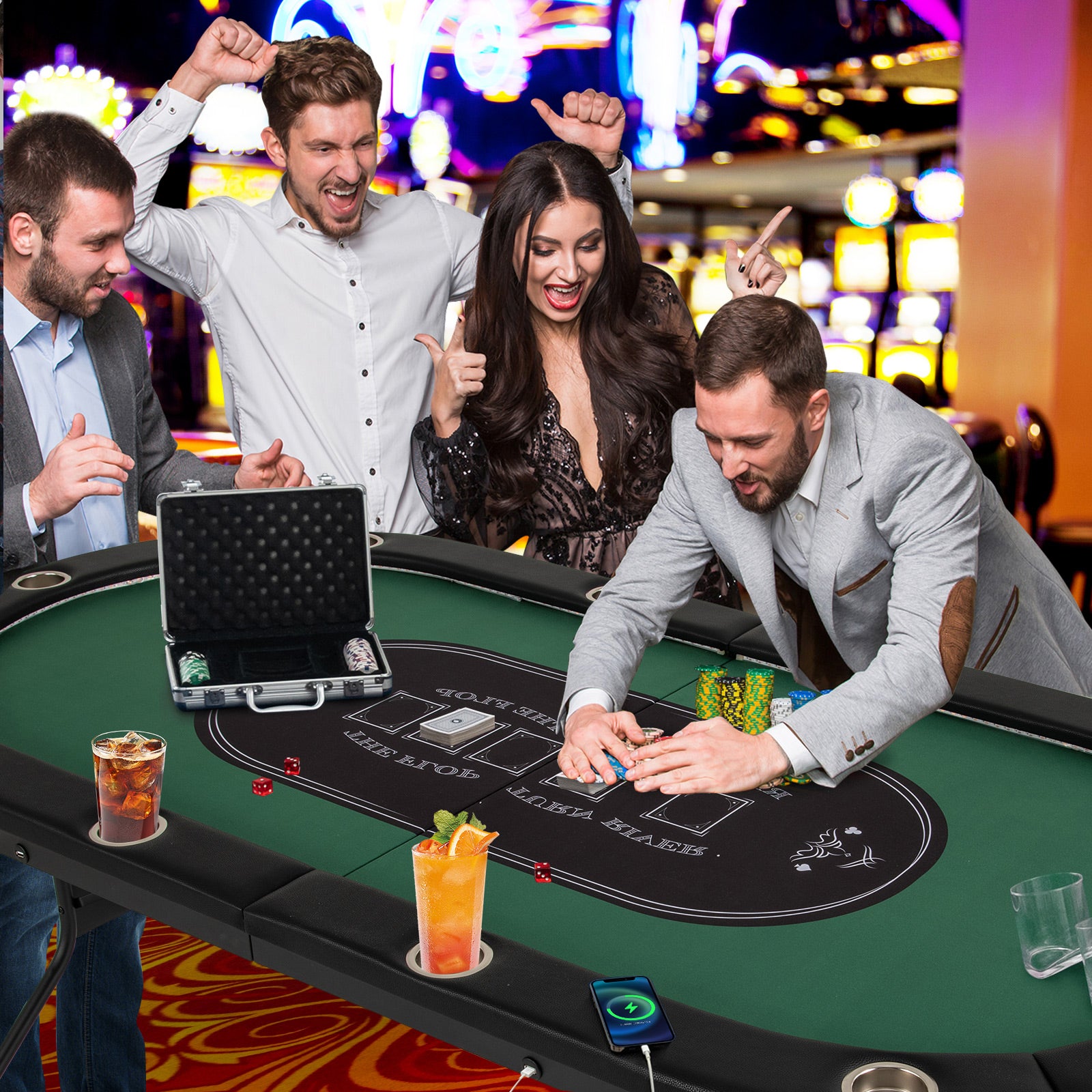 Foldable 10-Player Poker Table, LED Lights, USB Ports, Green Game Room at Gallery Canada
