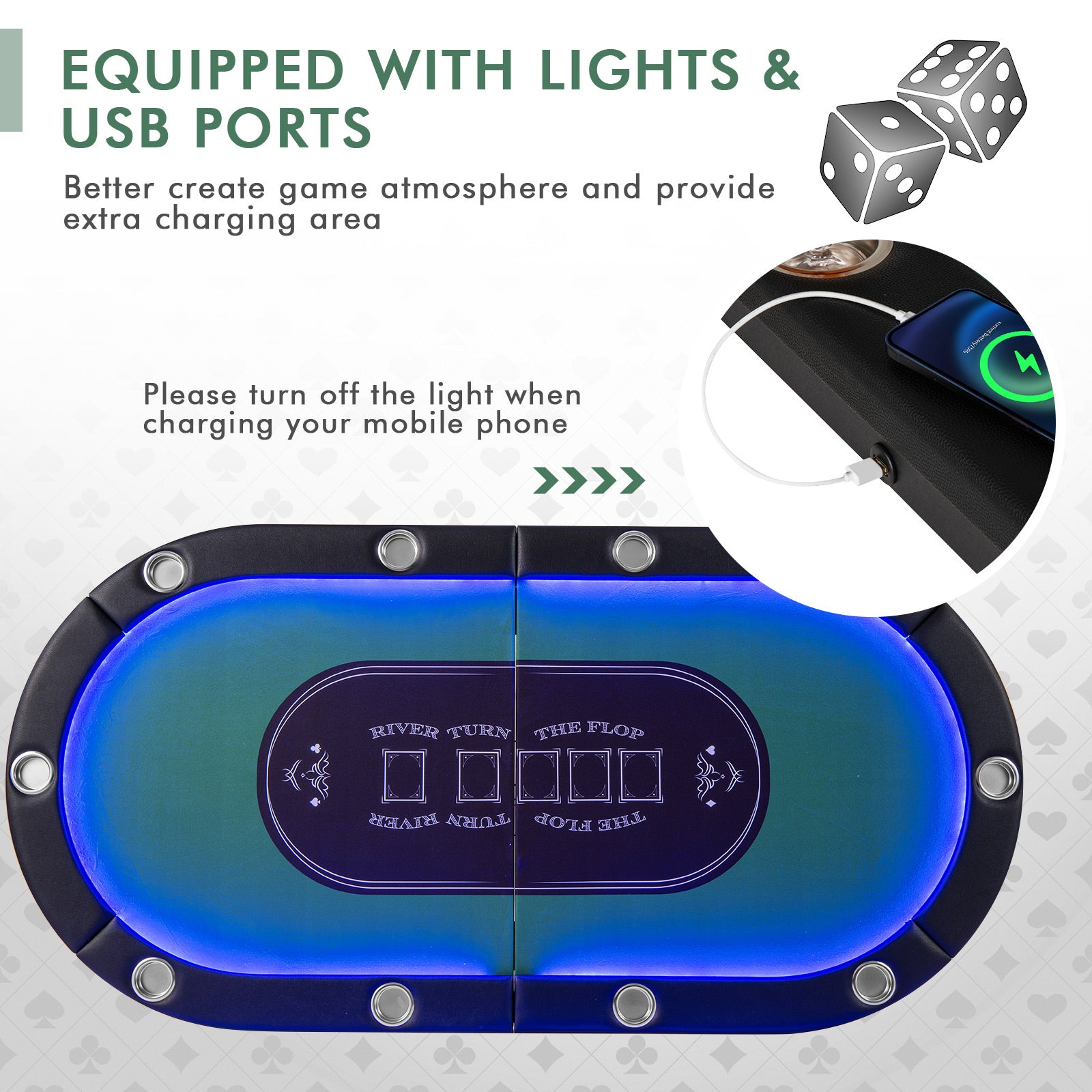 Foldable 10-Player Poker Table, LED Lights, USB Ports, Green Game Room at Gallery Canada