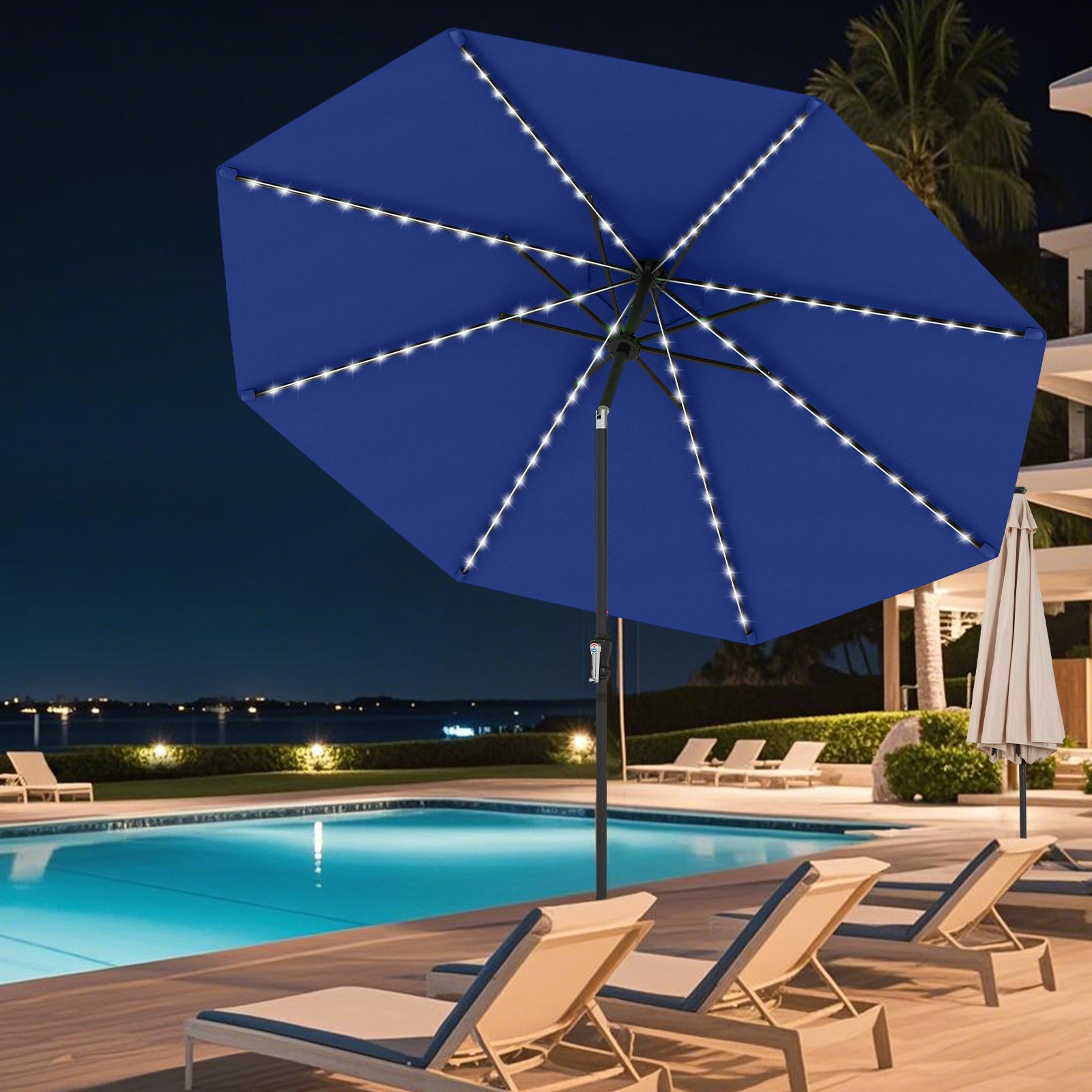 10 Feet Solar Patio Umbrella, 96 Multi-Colored LED Lights, Tilt Adjustment, Navy Outdoor Umbrellas at Gallery Canada