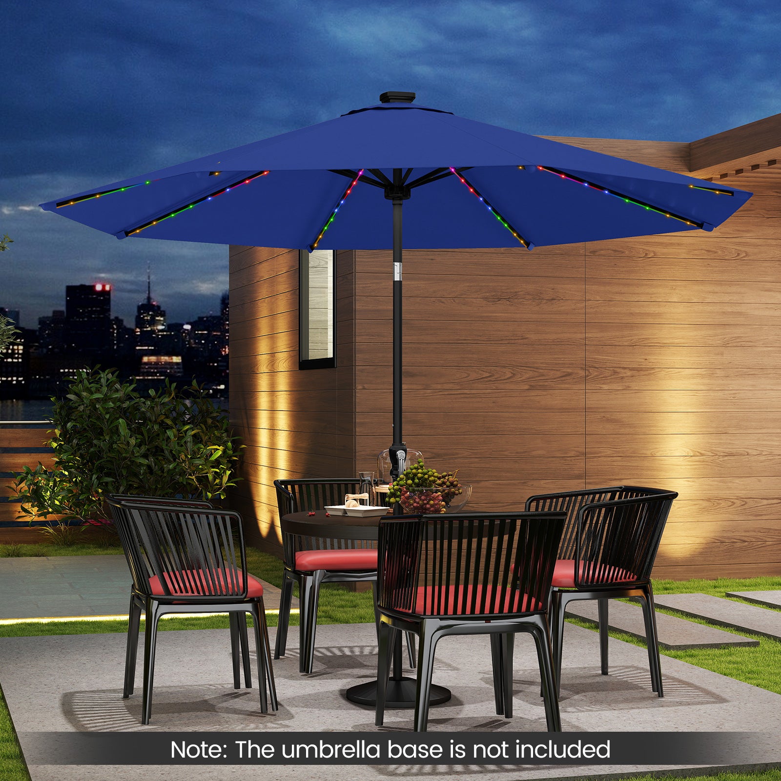 10 Feet Solar Patio Umbrella, 96 Multi-Colored LED Lights, Tilt Adjustment, Navy Outdoor Umbrellas at Gallery Canada
