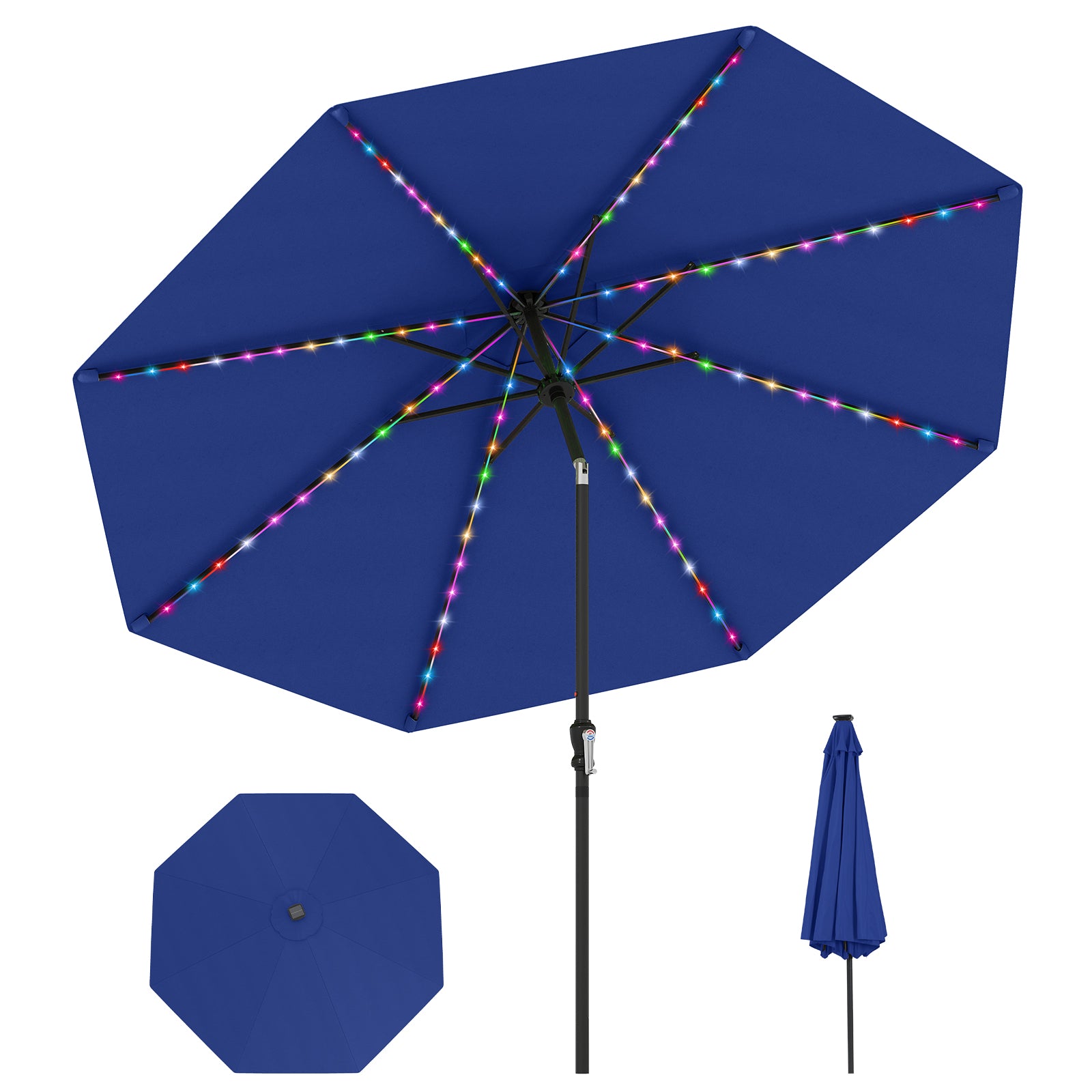10 Feet Solar Patio Umbrella, 96 Multi-Colored LED Lights, Tilt Adjustment, Navy Outdoor Umbrellas at Gallery Canada