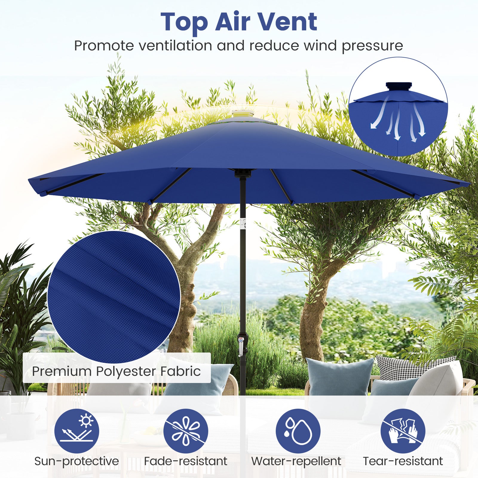 10 Feet Solar Patio Umbrella, 96 Multi-Colored LED Lights, Tilt Adjustment, Navy Outdoor Umbrellas at Gallery Canada