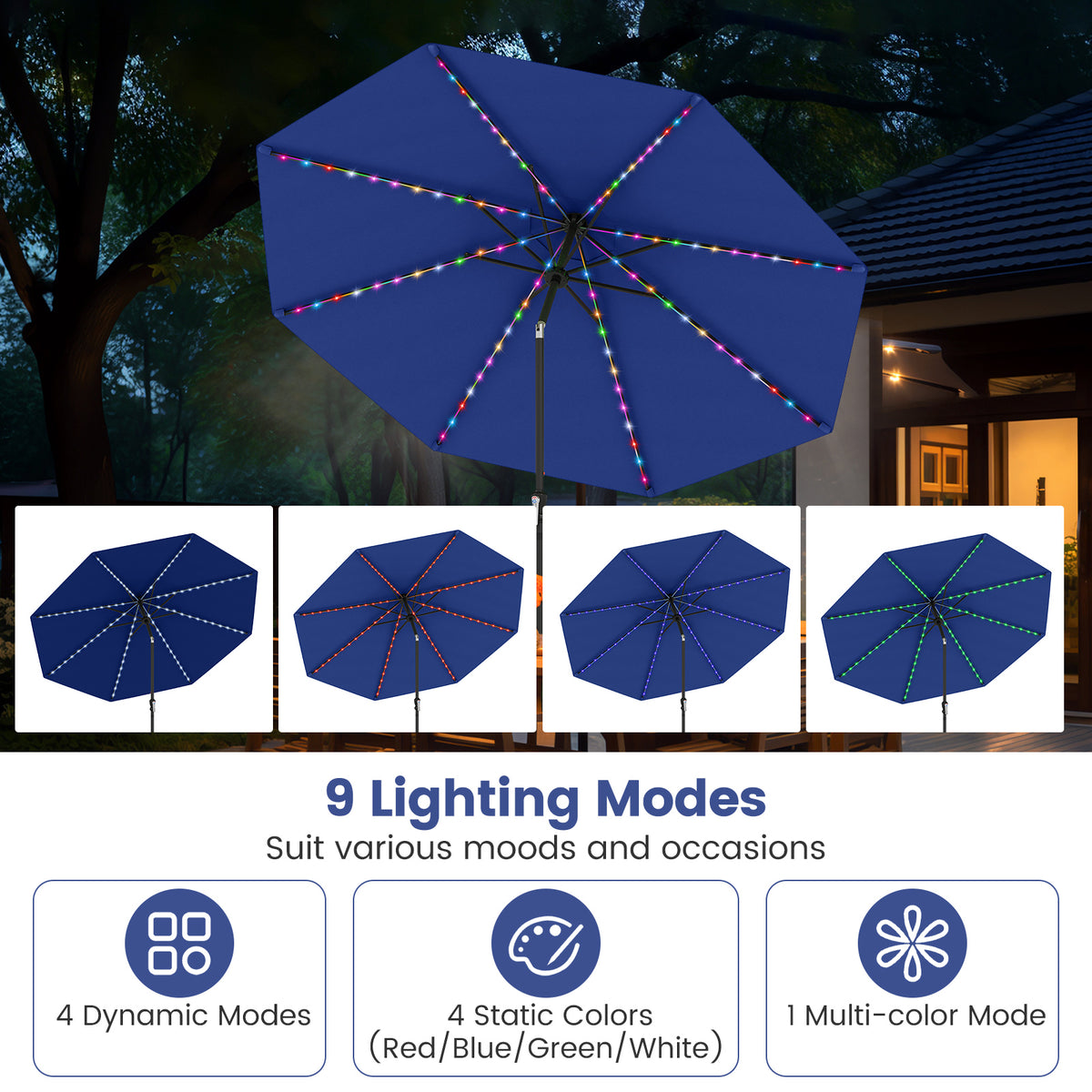 10 Feet Solar Patio Umbrella, 96 Multi-Colored LED Lights, Tilt Adjustment, Navy Outdoor Umbrellas at Gallery Canada