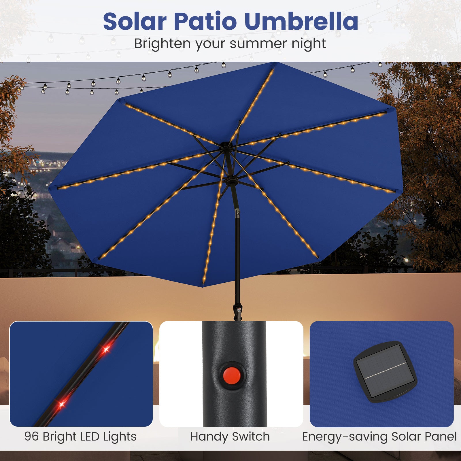 10 Feet Solar Patio Umbrella, 96 Multi-Colored LED Lights, Tilt Adjustment, Navy Outdoor Umbrellas at Gallery Canada