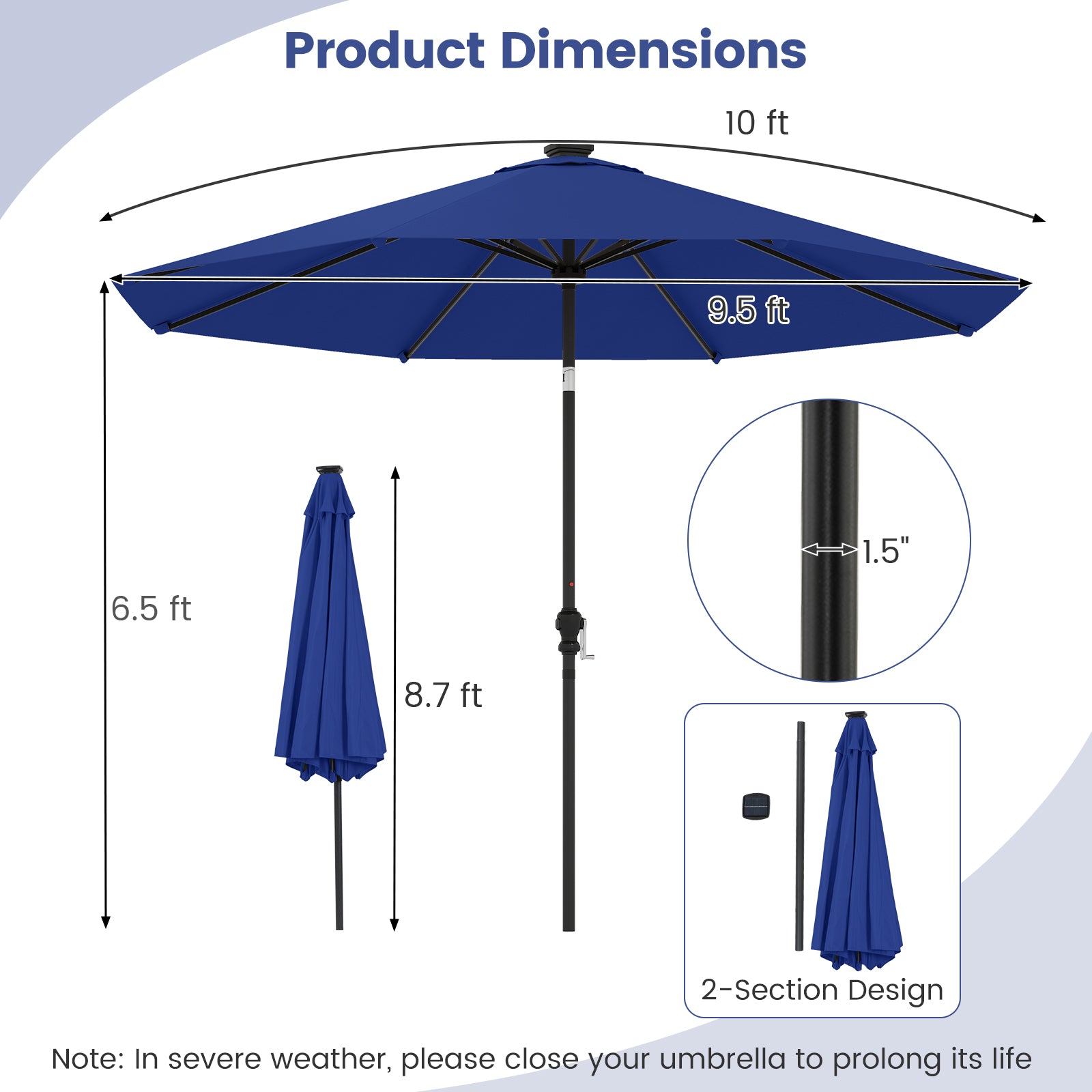 10 Feet Solar Patio Umbrella, 96 Multi-Colored LED Lights, Tilt Adjustment, Navy Outdoor Umbrellas at Gallery Canada