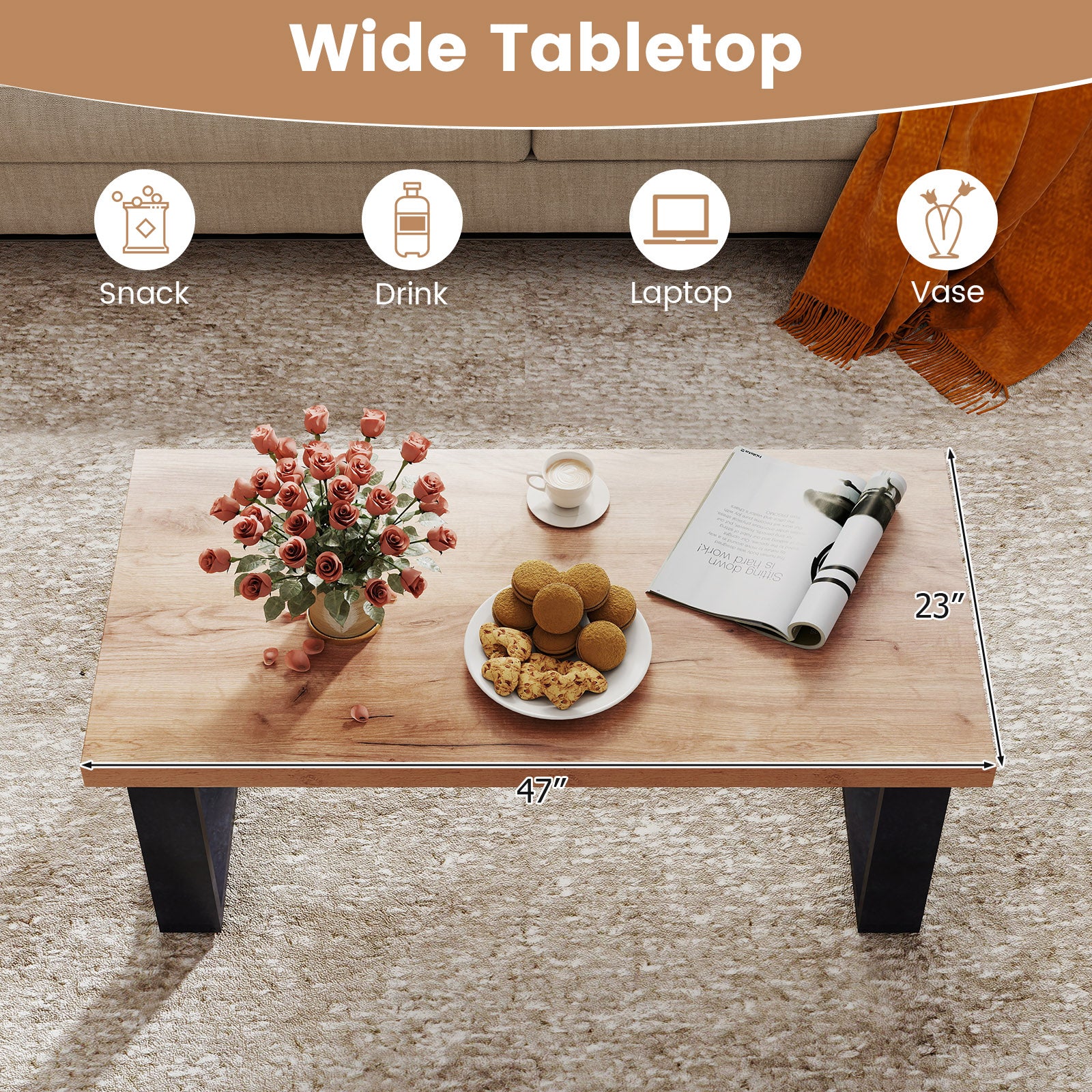 47 Inch Farmhouse Coffee Table, Thickened Tabletop, Natural Wood Texture, Oak Coffee Tables at Gallery Canada