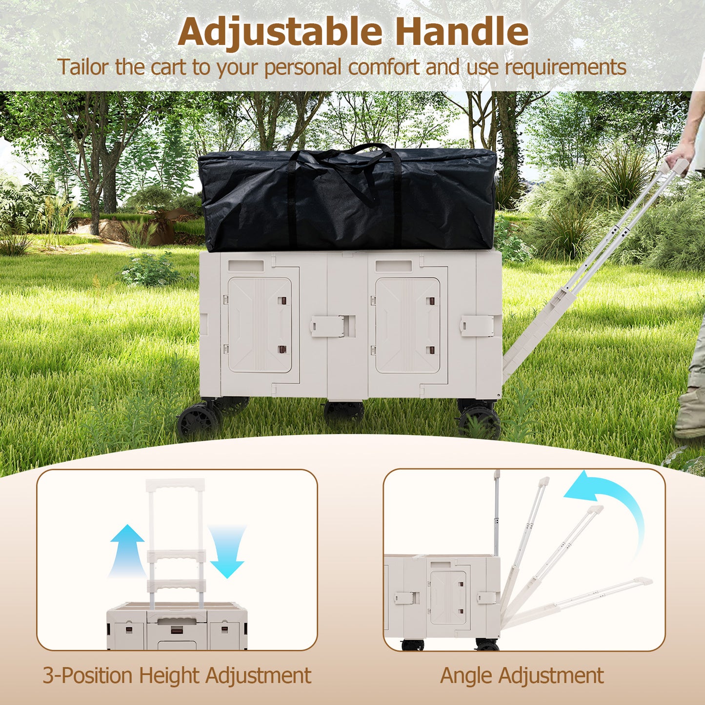 Large Foldable Utility Cart, 2-Tier Storage Crates, Telescoping Handle, White Camping Furniture at Gallery Canada