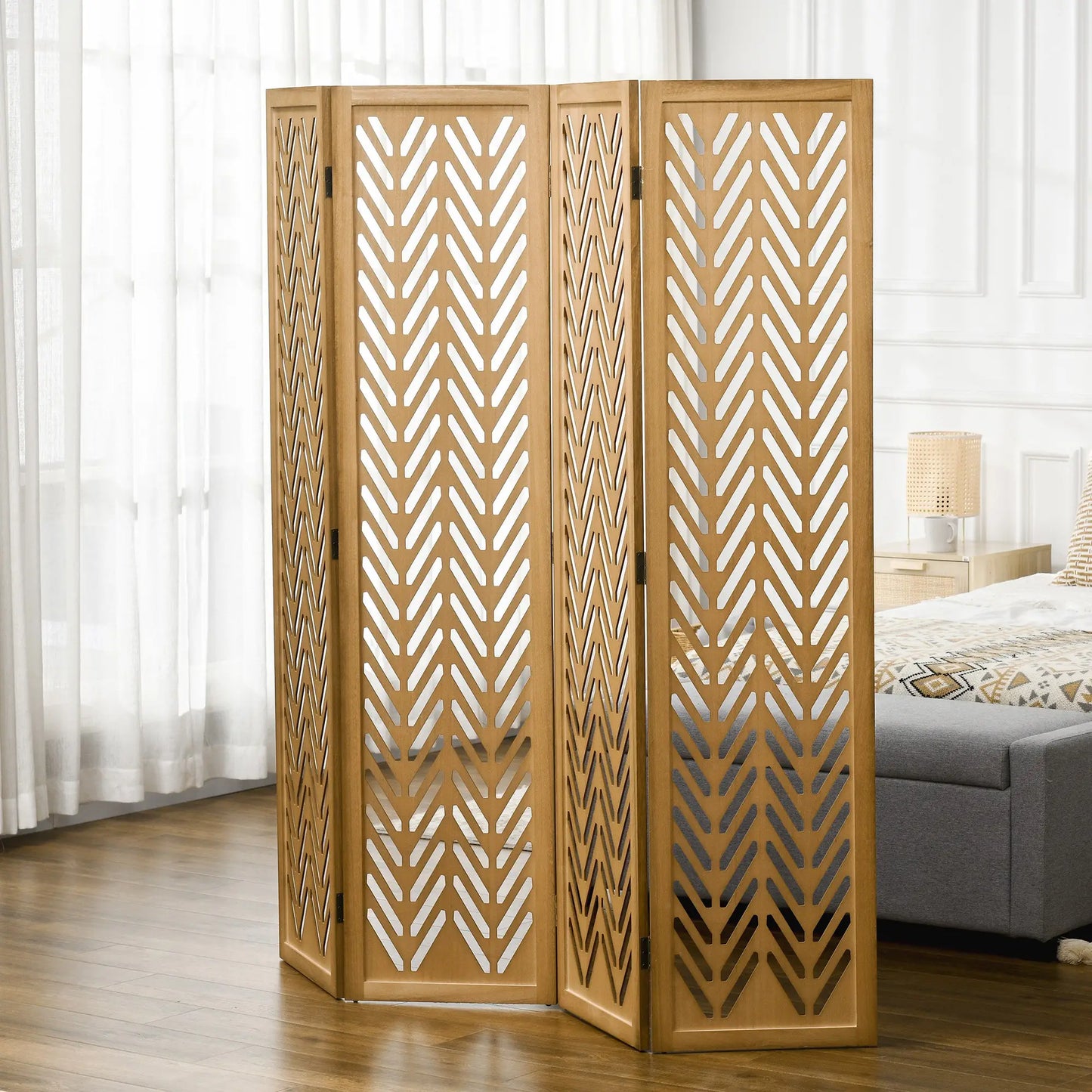 4 Panel Room Divider, 5.6ft Tall, Wood Folding Privacy Screen, Light Brown Room Dividers at Gallery Canada