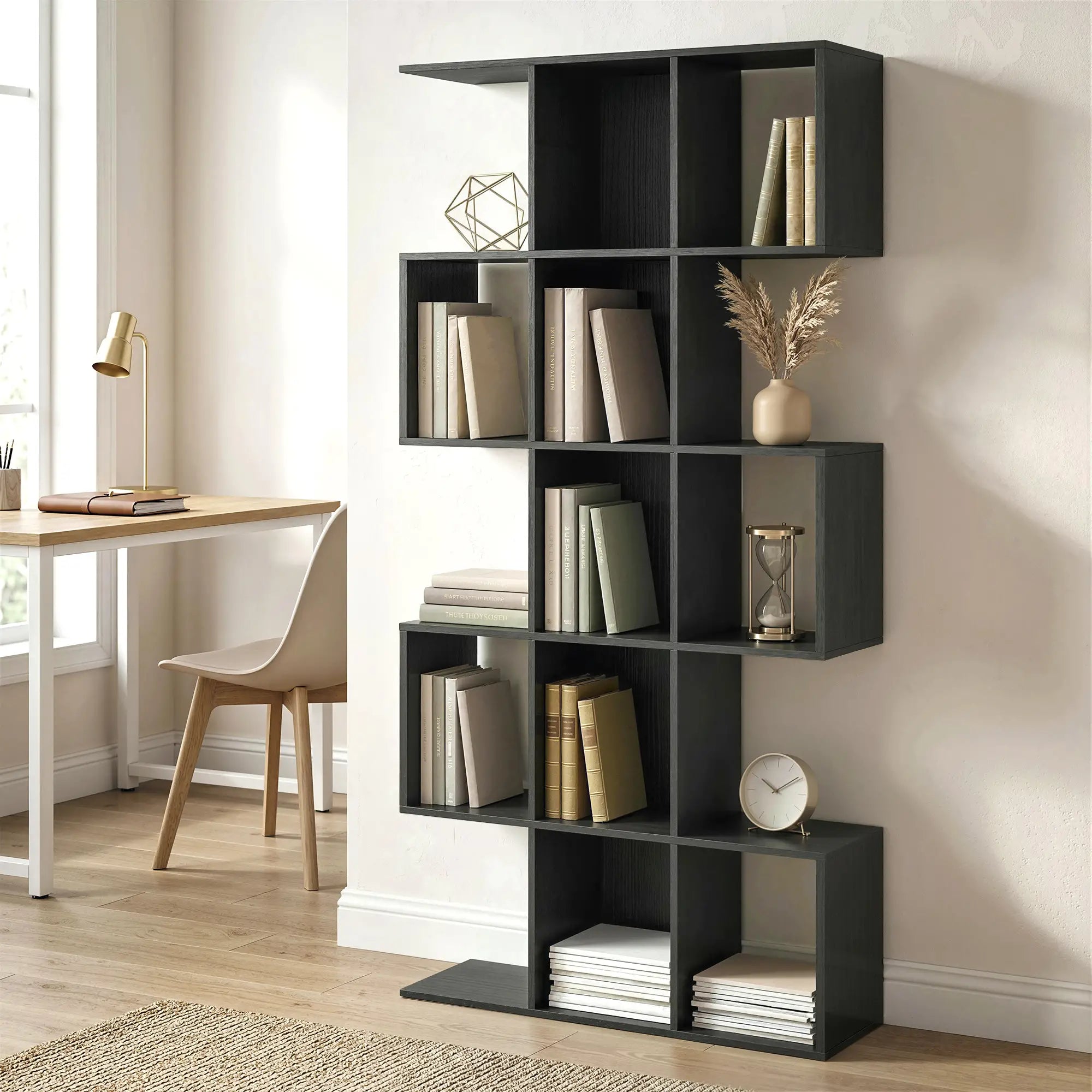 5-Tier S-Shaped Bookshelf, 15 Compartment Geometric Bookcase, Black Wood Grain, Black Display Bookshelves at Gallery Canada