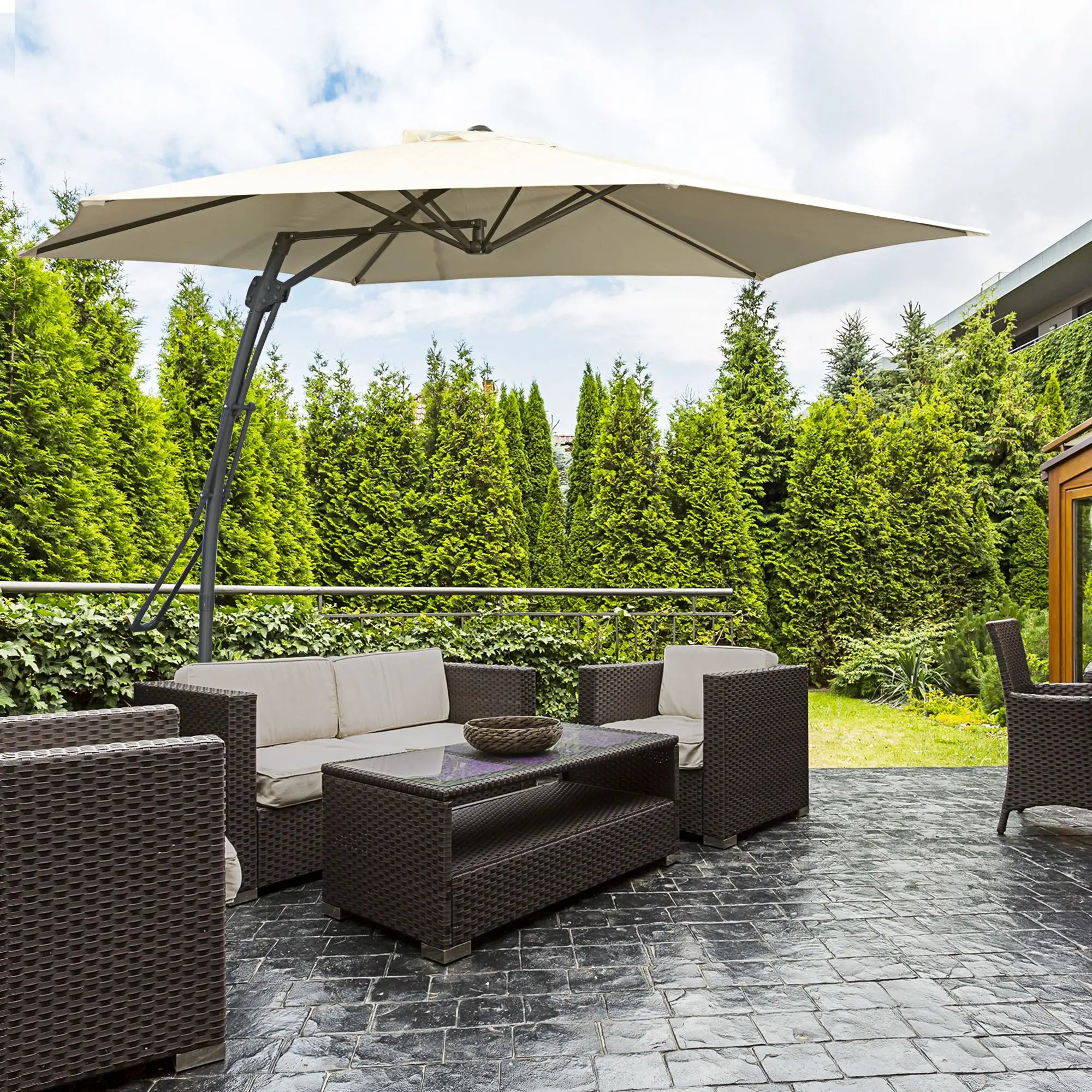 10ft Cantilever Patio Umbrella, Crank Handle, Cross Base, Cream White Sun Umbrellas at Gallery Canada