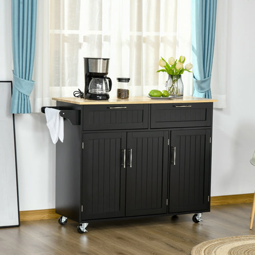 Modern Kitchen Island, Utility Cart with 2 Drawers, Cabinets, Black