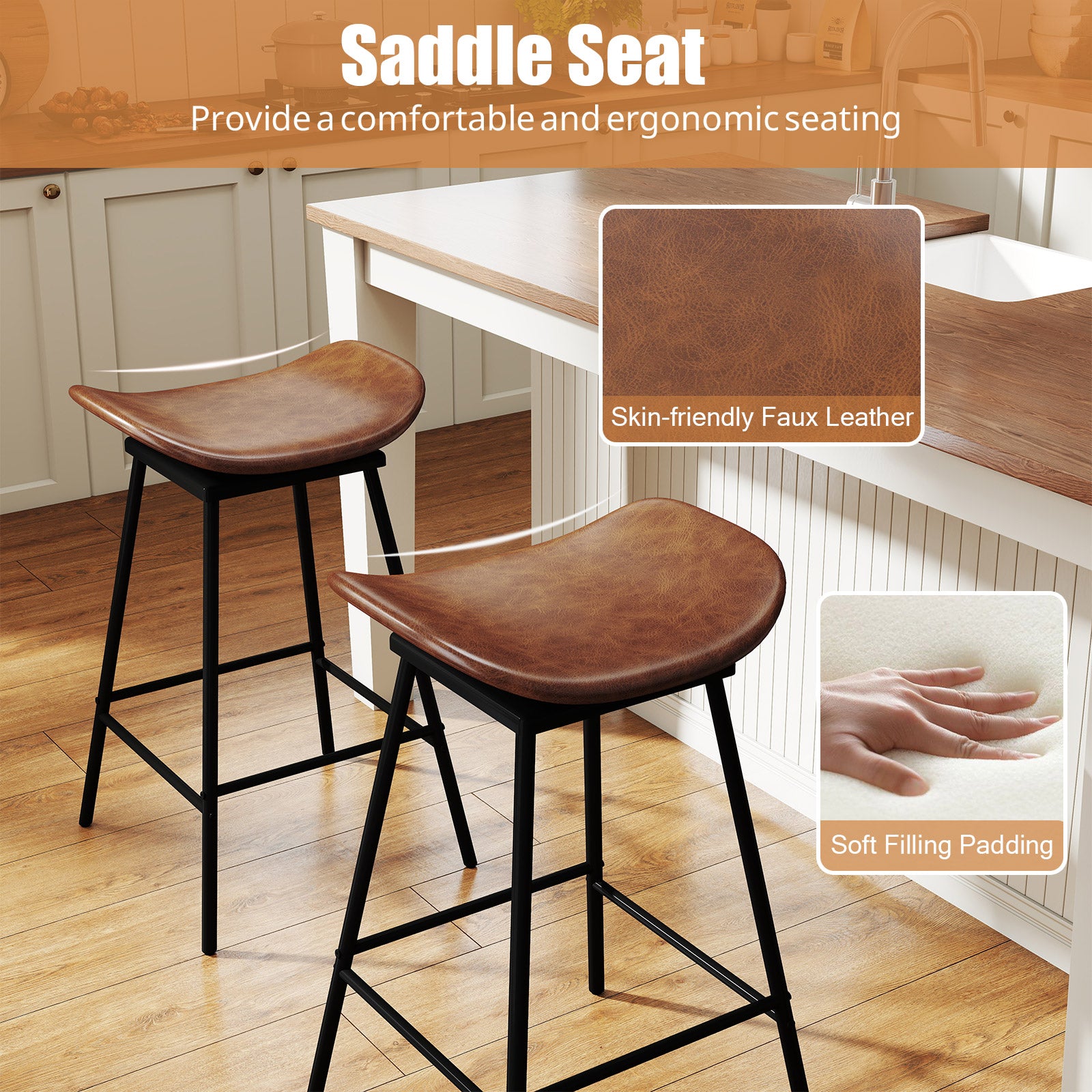 Set Of 2 Swivel Barstools, Faux Leather, Backless With Footrest, Brown Bar Stools at Gallery Canada