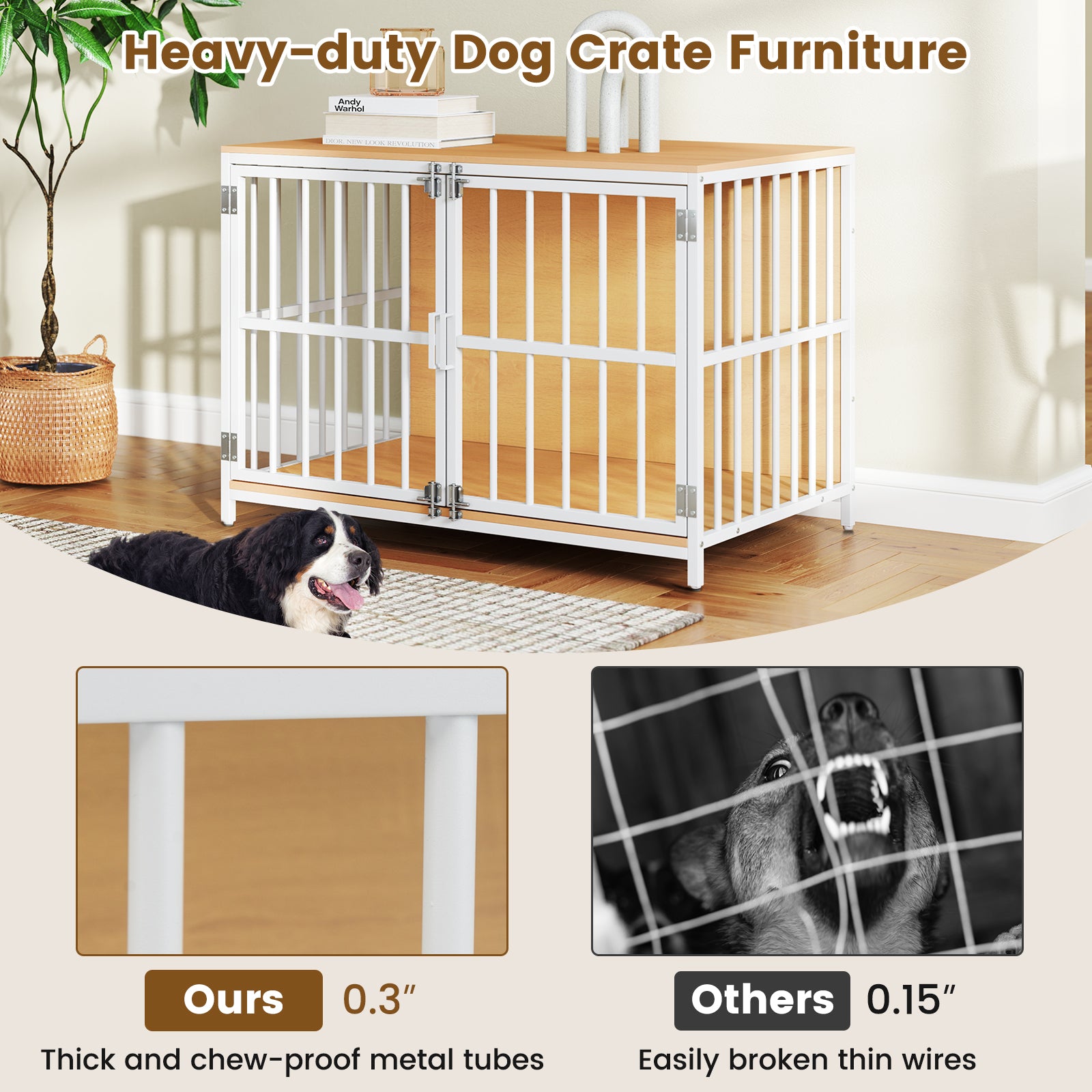 40 Inch Dog Crate Furniture With Dual Lockable Doors, Natural Dog Kennels at Gallery Canada
