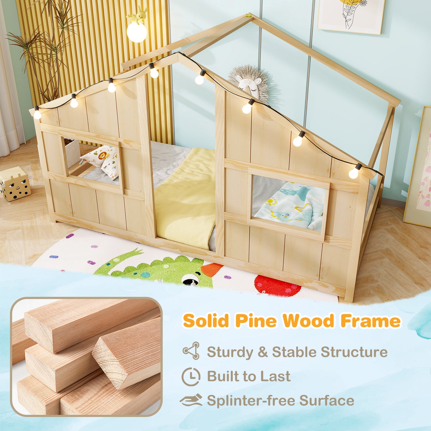 Twin Size House Bed With LED Lights, Montessori Slat-Free Floor Bed, Natural Toddler Beds at Gallery Canada
