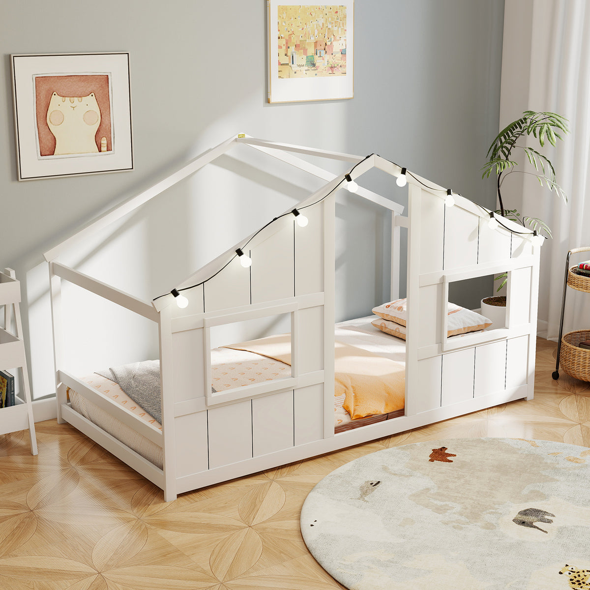 Twin Size House Bed With LED Lights, Montessori Floor Bed, White Toddler Beds at Gallery Canada