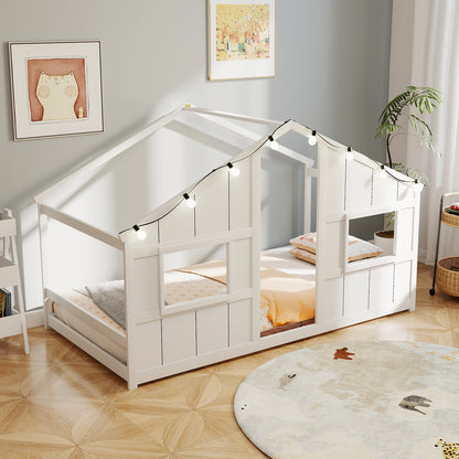 Twin Size House Bed With LED Lights, Montessori Floor Bed, White Toddler Beds at Gallery Canada
