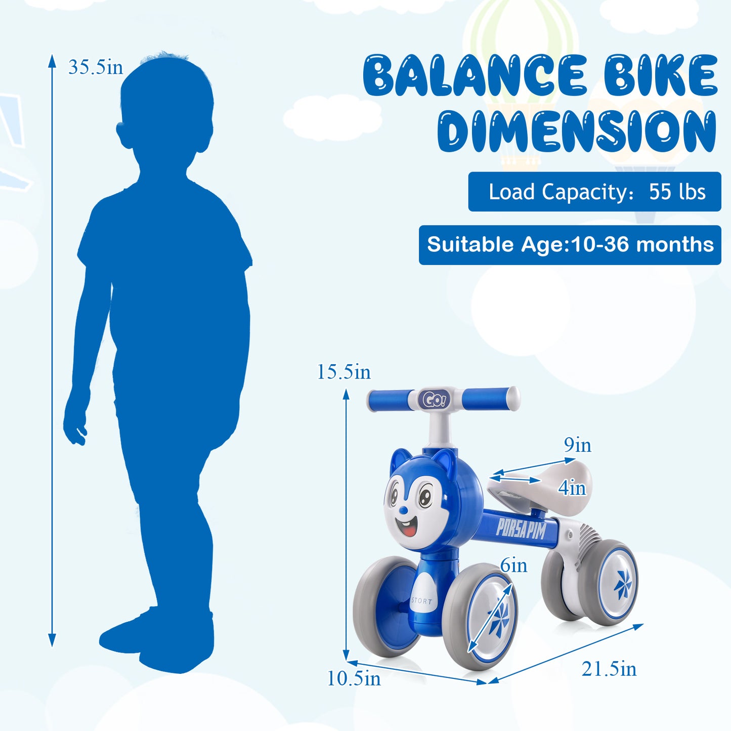 Baby Balance Bike, No Pedal, Lightweight, 4 Wheels, Blue Balance Bikes at Gallery Canada
