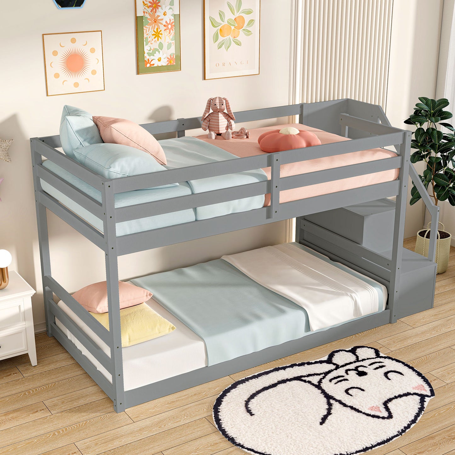 Twin Over Twin Low Bunk Bed With Storage Stairs, Solid Wood Frame, Gray Bunk Bed Frame at Gallery Canada