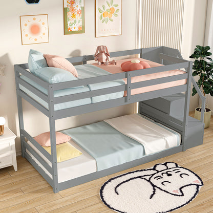 Twin Over Twin Low Bunk Bed With Storage Stairs, Solid Wood Frame, Gray Bunk Bed Frame at Gallery Canada