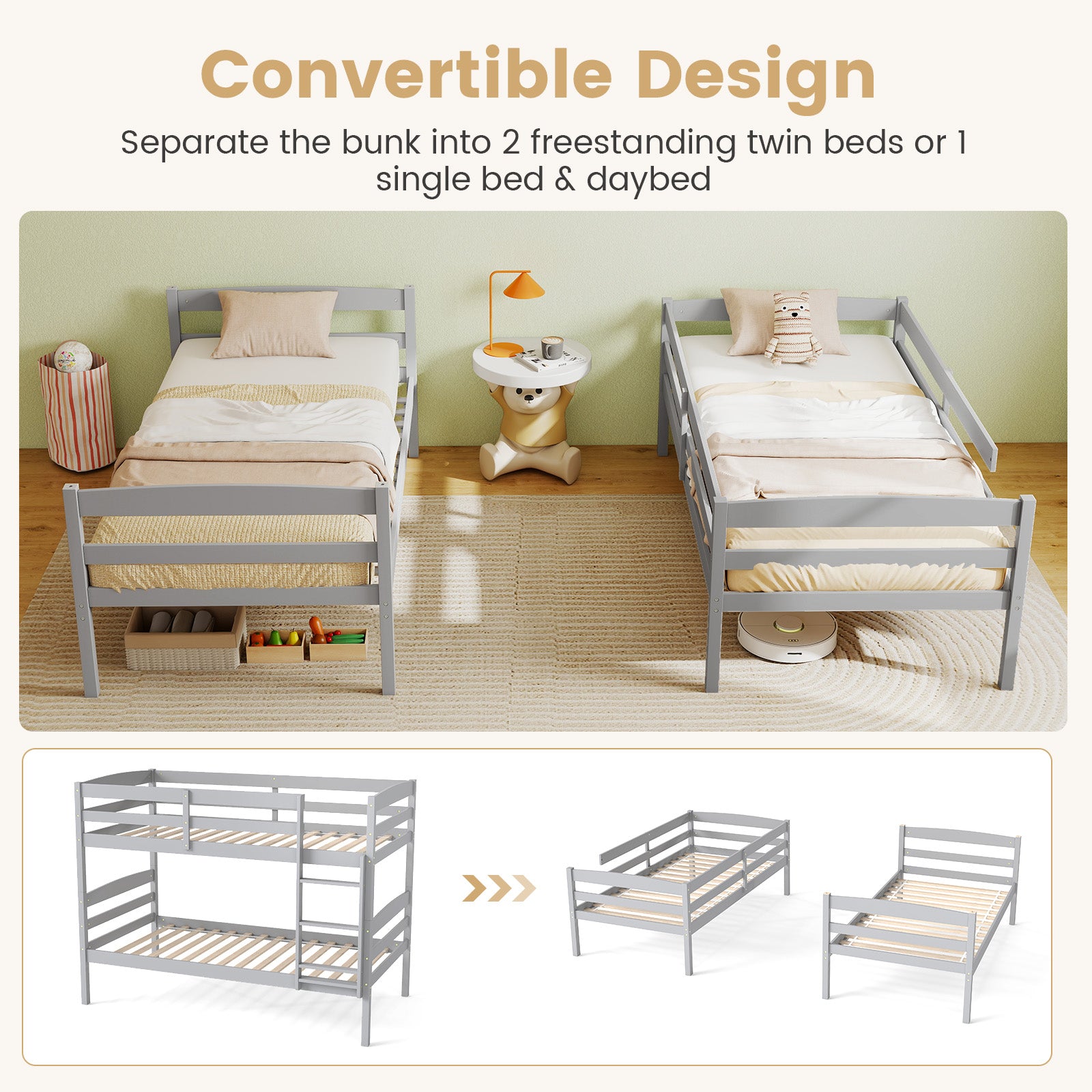 Solid Wood Twin Over Twin Bunk Bed Frame, Gray Bunk Bed Frame at Gallery Canada