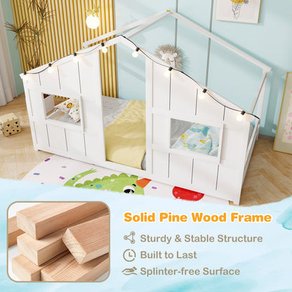 Twin Size House Bed With LED Lights, Montessori Floor Bed, White Toddler Beds at Gallery Canada