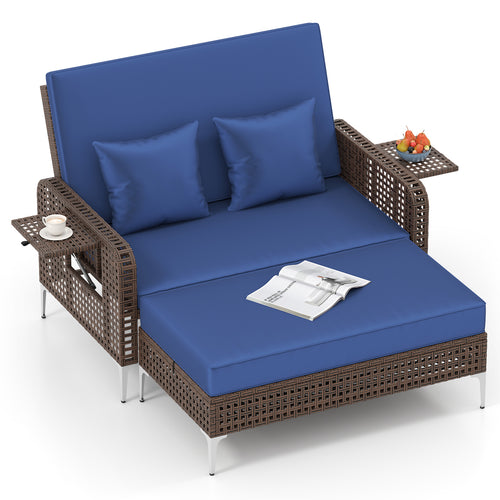 Patio Rattan Daybed Loveseat Ottoman, Adjustable Backrest, Navy