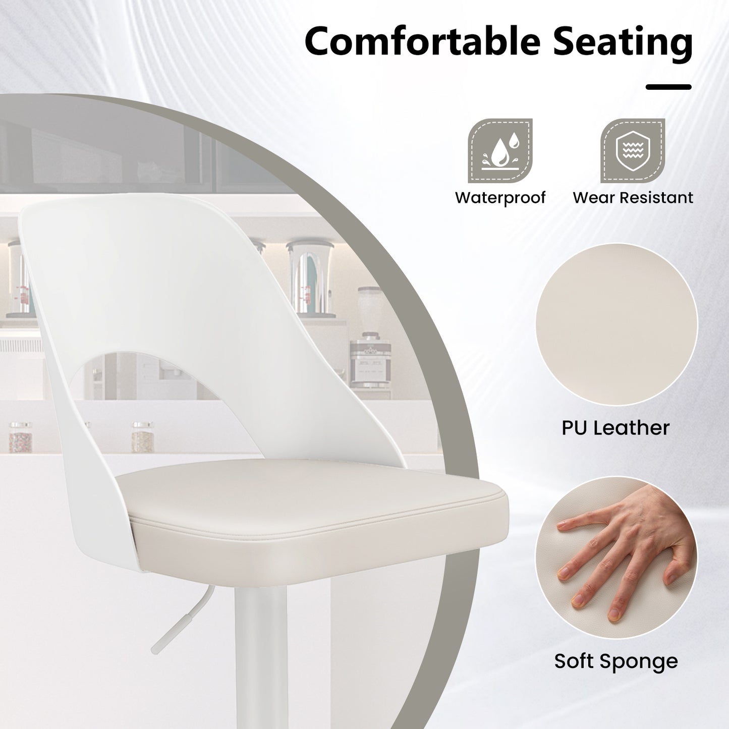Bar Stools Set Of 2, Enlarged PU Leather Seat With Footrest, White Bar Stools at Gallery Canada