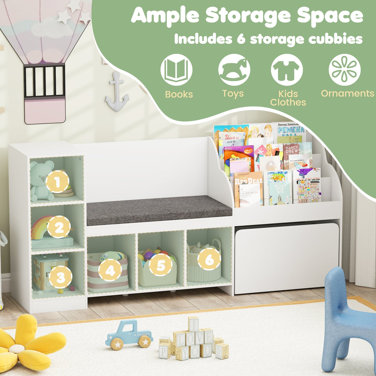 Kids Bookcase With Reading Nook, 4-in-1 Toy Organizer, White Kids Storage at Gallery Canada