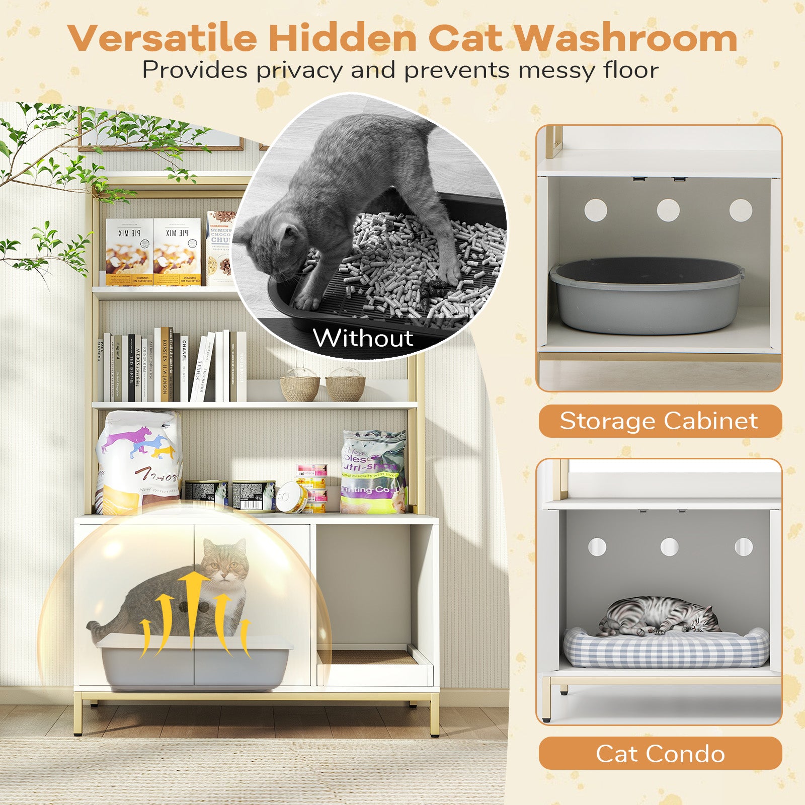 57 Inch Cat Litter Box Enclosure, Storage, Removable Scratcher, White Cat Houses at Gallery Canada