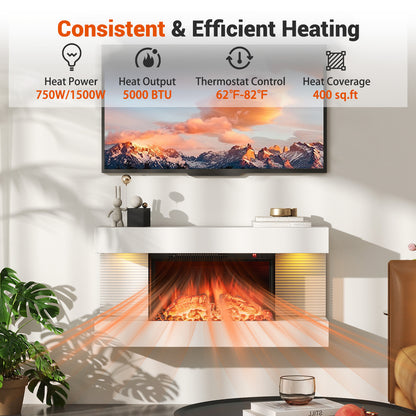 Wall Mounted Electric Fireplace, 18/36 Inch, 32/50 Inch Wide Floating Mantle Fireplaces at Gallery Canada