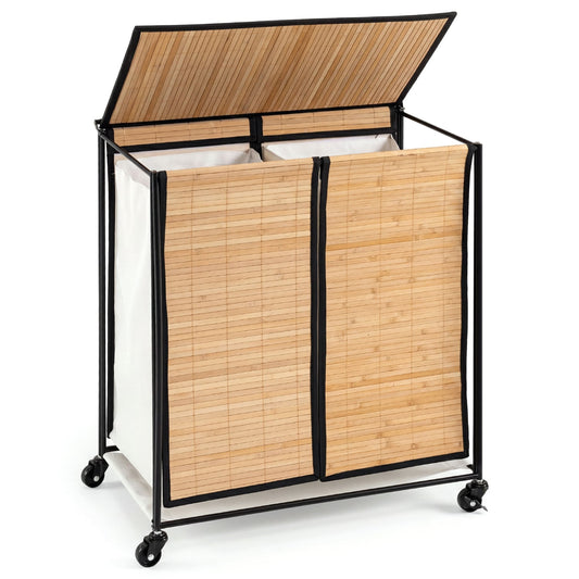 18.5 Gal Laundry Hamper With Lid, 2-Section, Lockable Wheels, Natural Laundry Baskets Natural at Gallery Canada