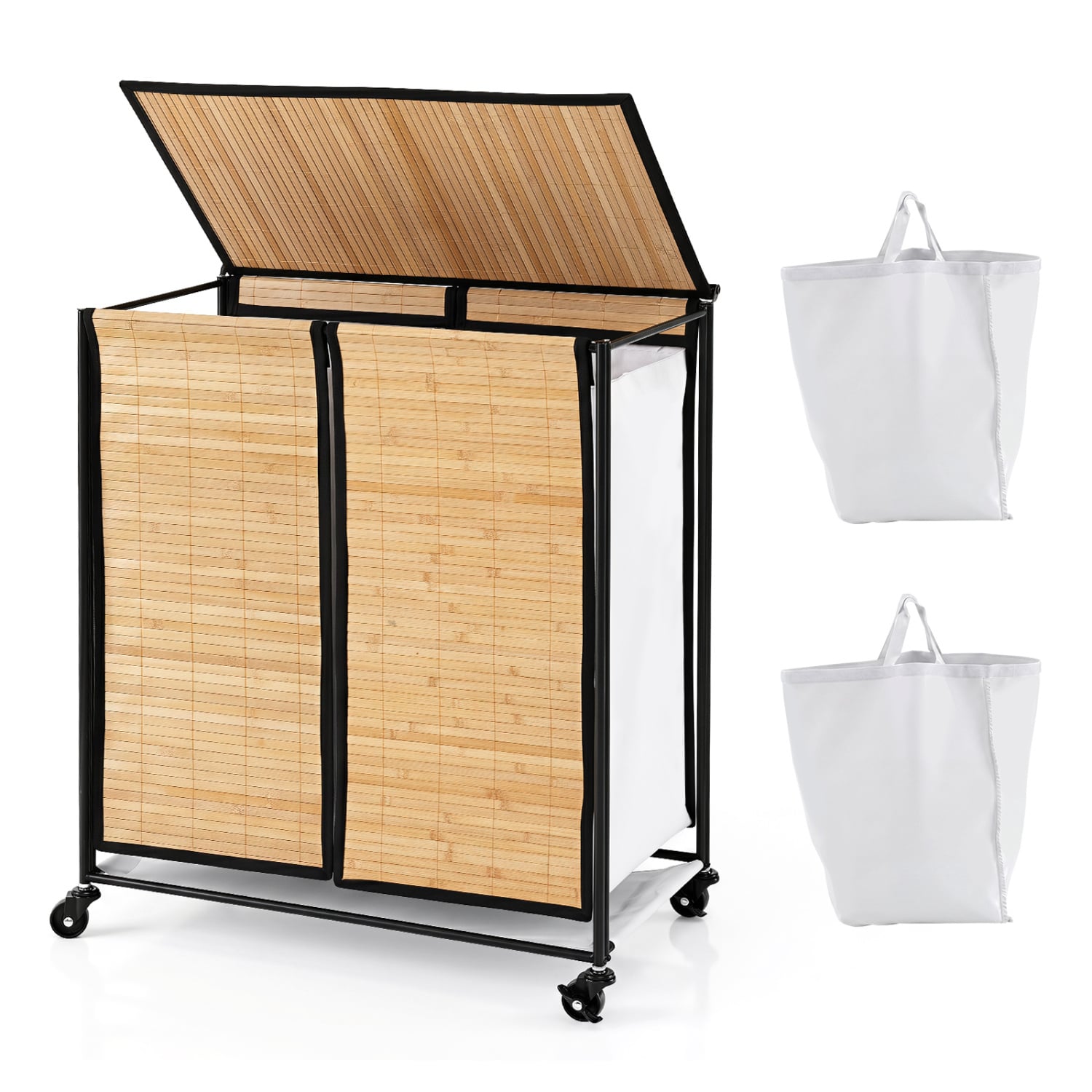 18.5 Gal Laundry Hamper With Lid, 2-Section, Lockable Wheels, Natural Laundry Baskets at Gallery Canada