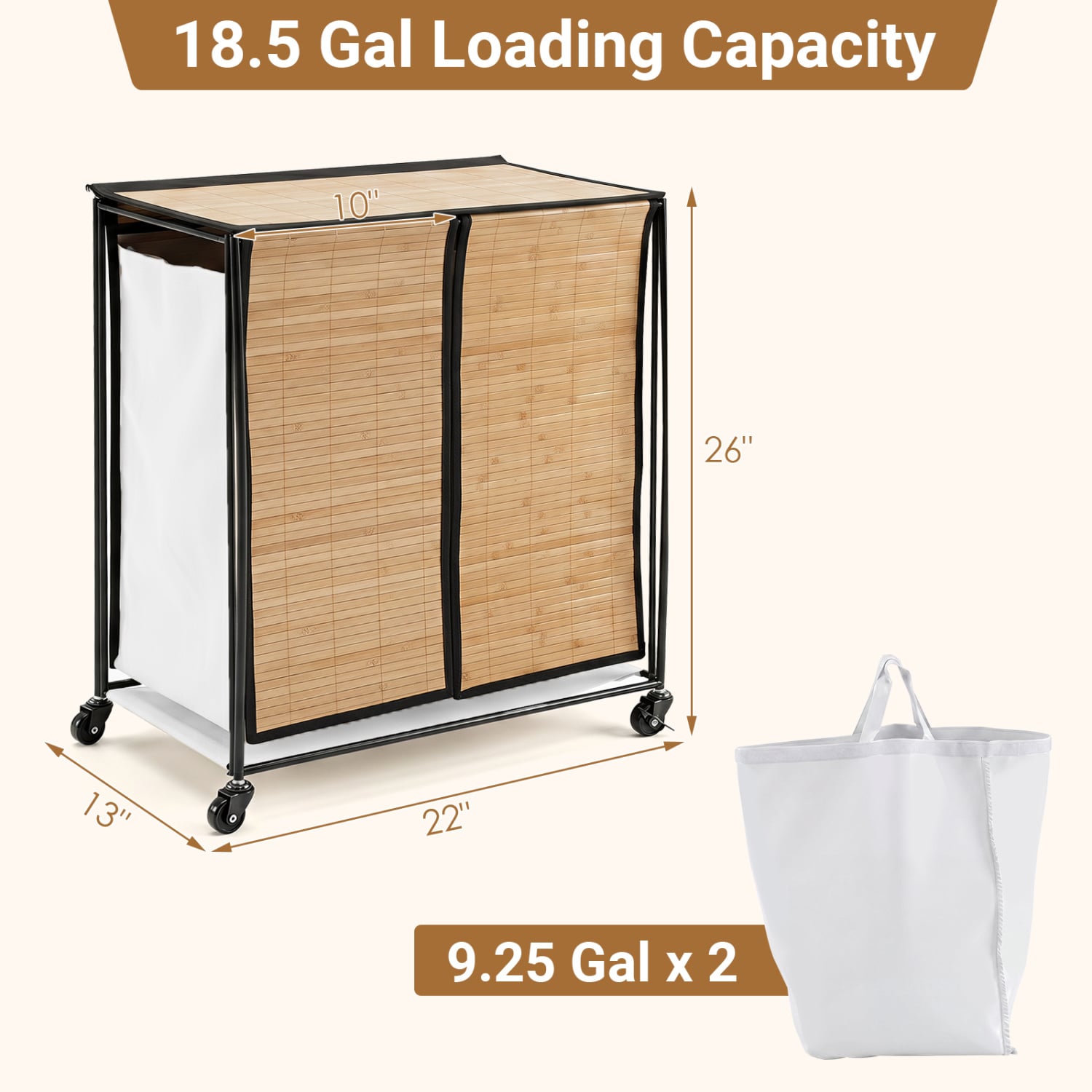 18.5 Gal Laundry Hamper With Lid, 2-Section, Lockable Wheels, Natural Laundry Baskets at Gallery Canada