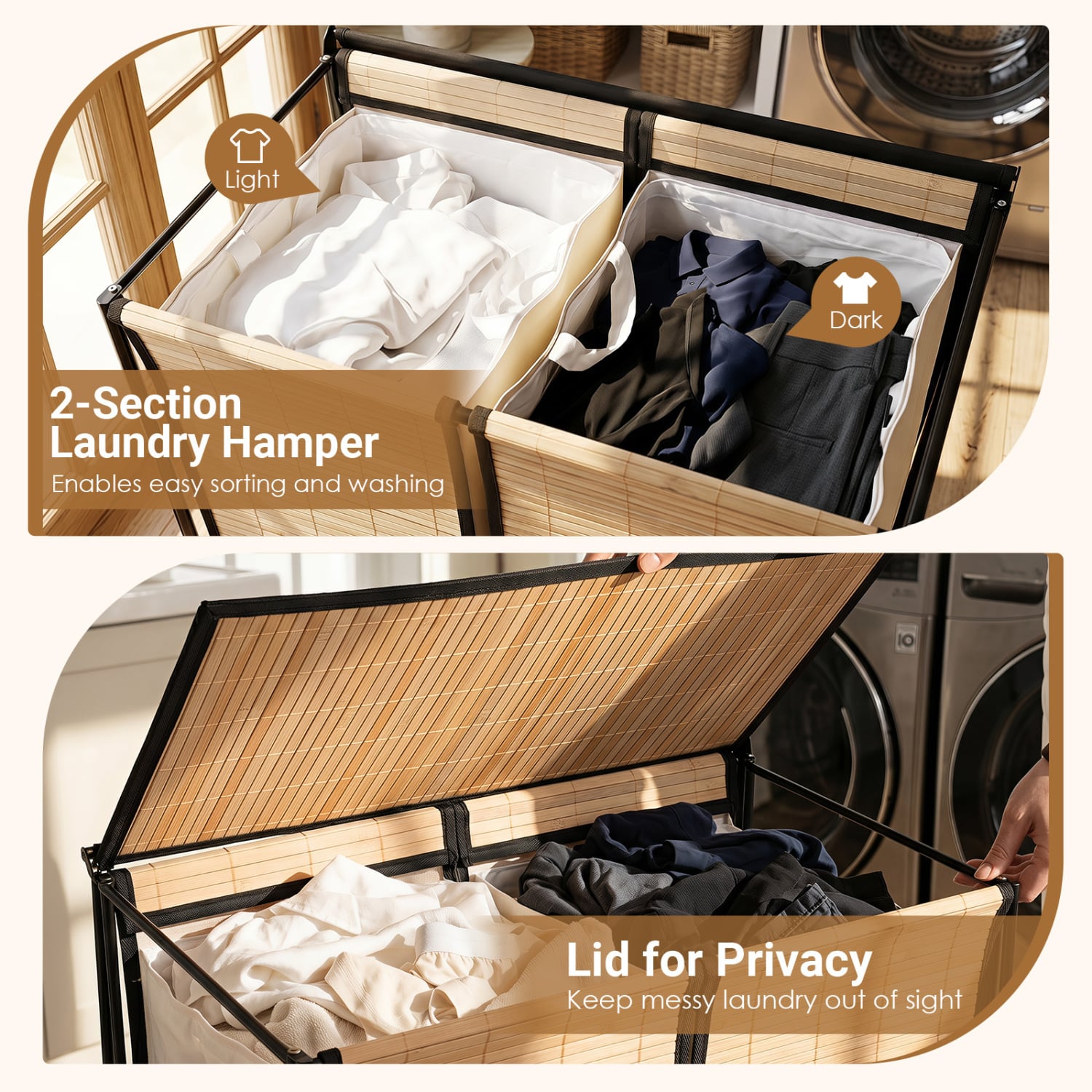 18.5 Gal Laundry Hamper With Lid, 2-Section, Lockable Wheels, Natural Laundry Baskets at Gallery Canada